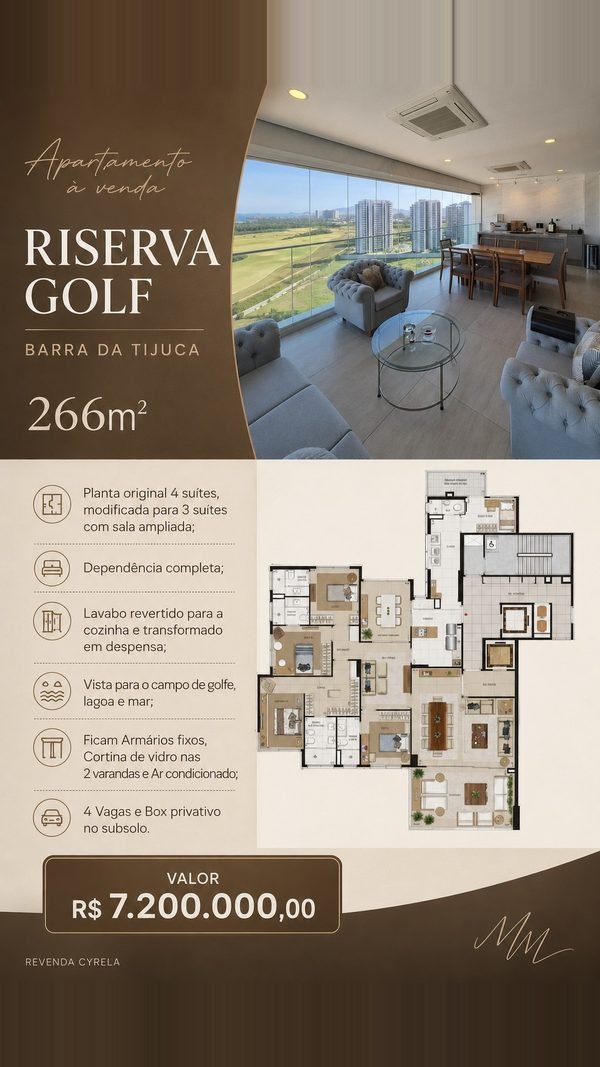 Riserva Golf em Barra da Tijuca, 266 m², 3 suítes, R$ 7.200.000 — revenda Cyrela