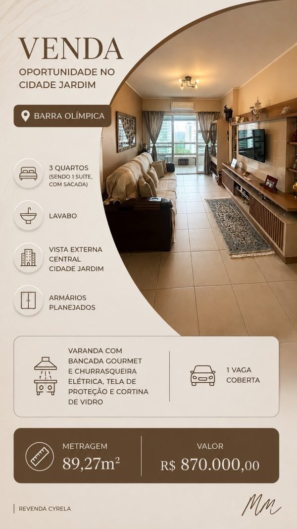 Cidade Jardim em Barra Olímpica, 89,27 m², 3 quartos, R$ 870.000 — revenda Cyrela