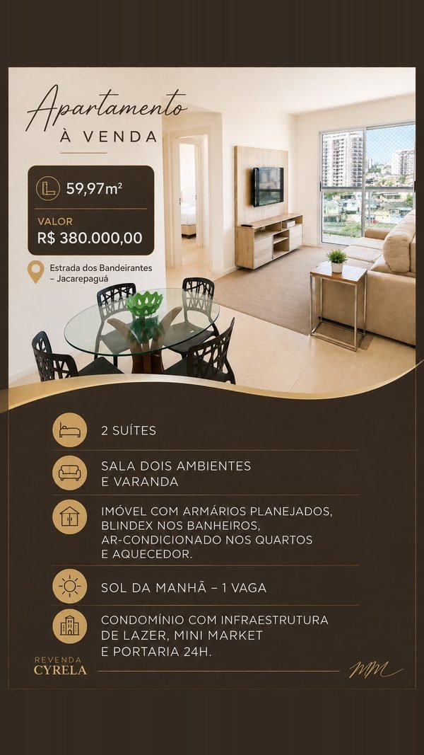 Estrada dos Bandeirantes em Jacarepaguá, 59,97 m², 2 suítes, R$ 380.000 — revenda Cyrela